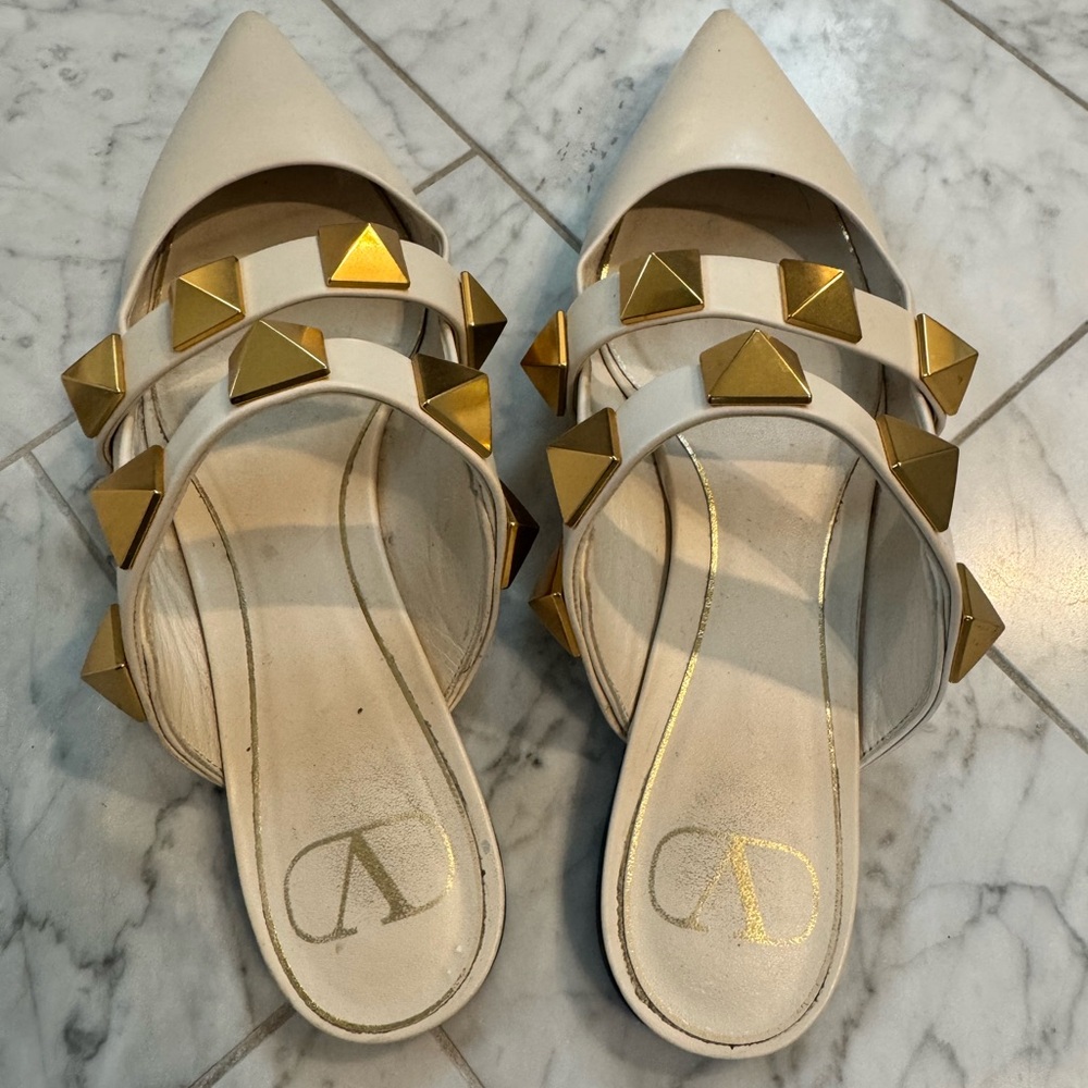 Valentino Cream Flats with Gold Studs - Picture 3 of 4